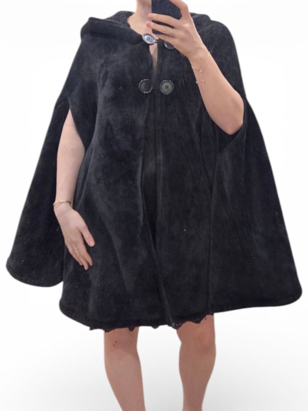 Catalonia Black Sherpa Fleece Hooded Cape Poncho Wrap with Oversized Buttons